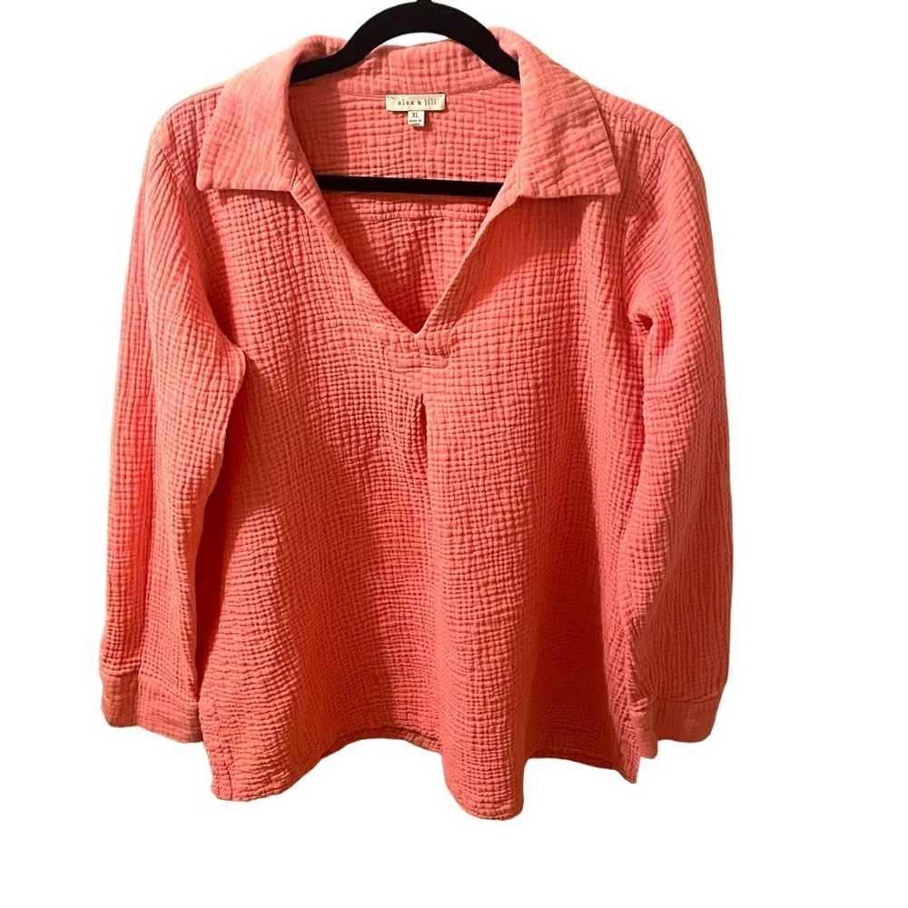 Alex & Lili Pink Waffle Tunic Womens XL Cotton V Neck Beach Summer Pullover
